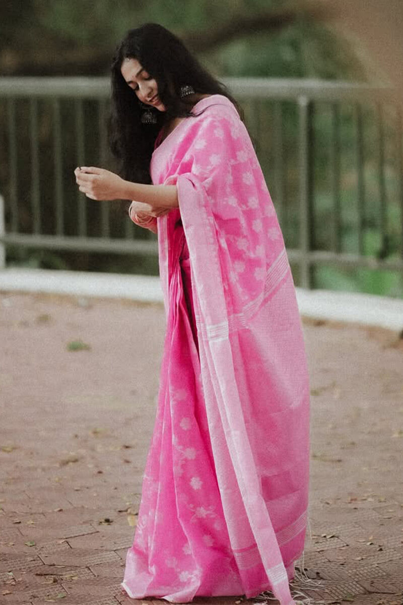 Palimpsest Pink Cotton Silk Saree With Lustrous Blouse Piece