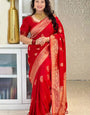 Woebegone Red Soft Silk Saree With Ebullience Blouse Piece