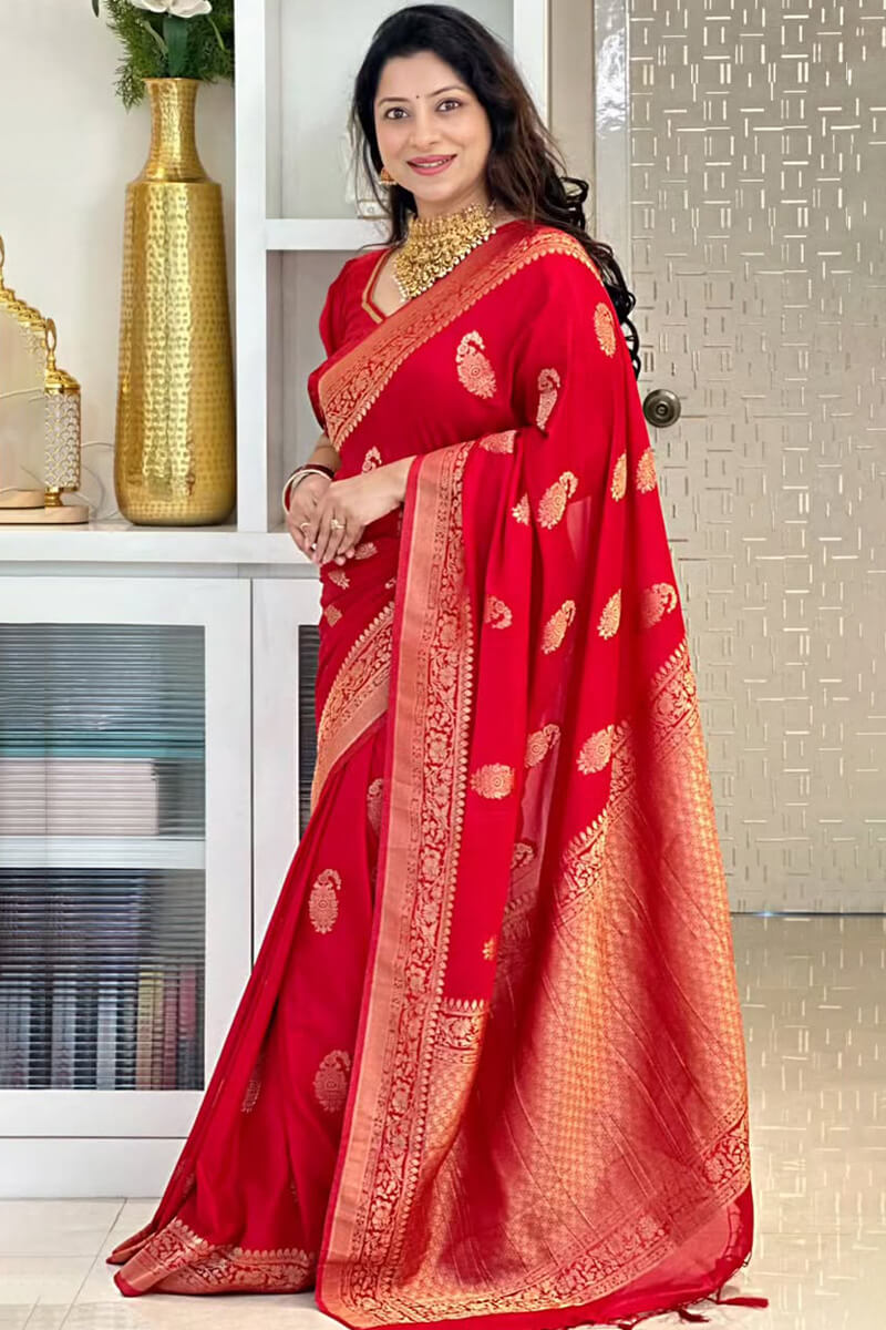 Woebegone Red Soft Silk Saree With Ebullience Blouse Piece