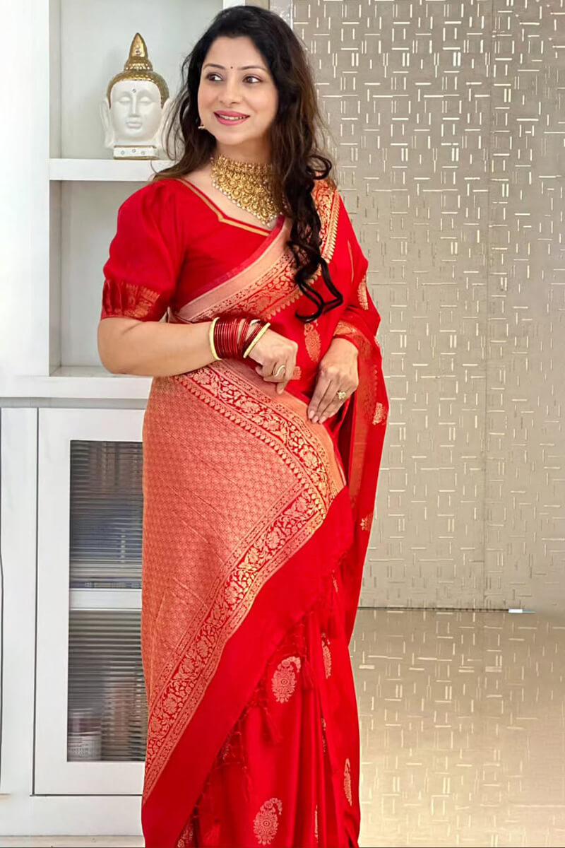 Woebegone Red Soft Silk Saree With Ebullience Blouse Piece
