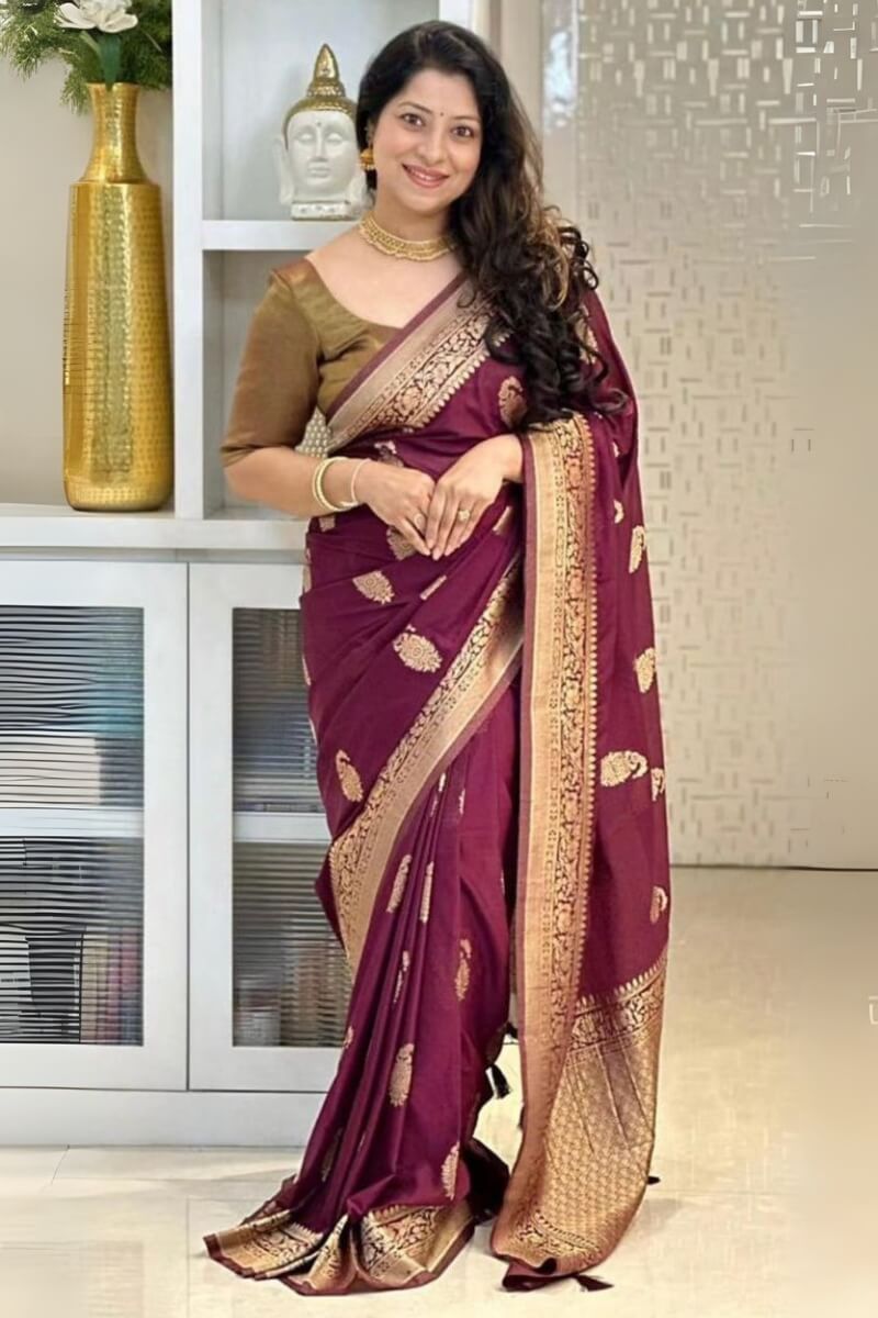 Stunning Wine Soft Silk Saree With Classy Blouse Piece