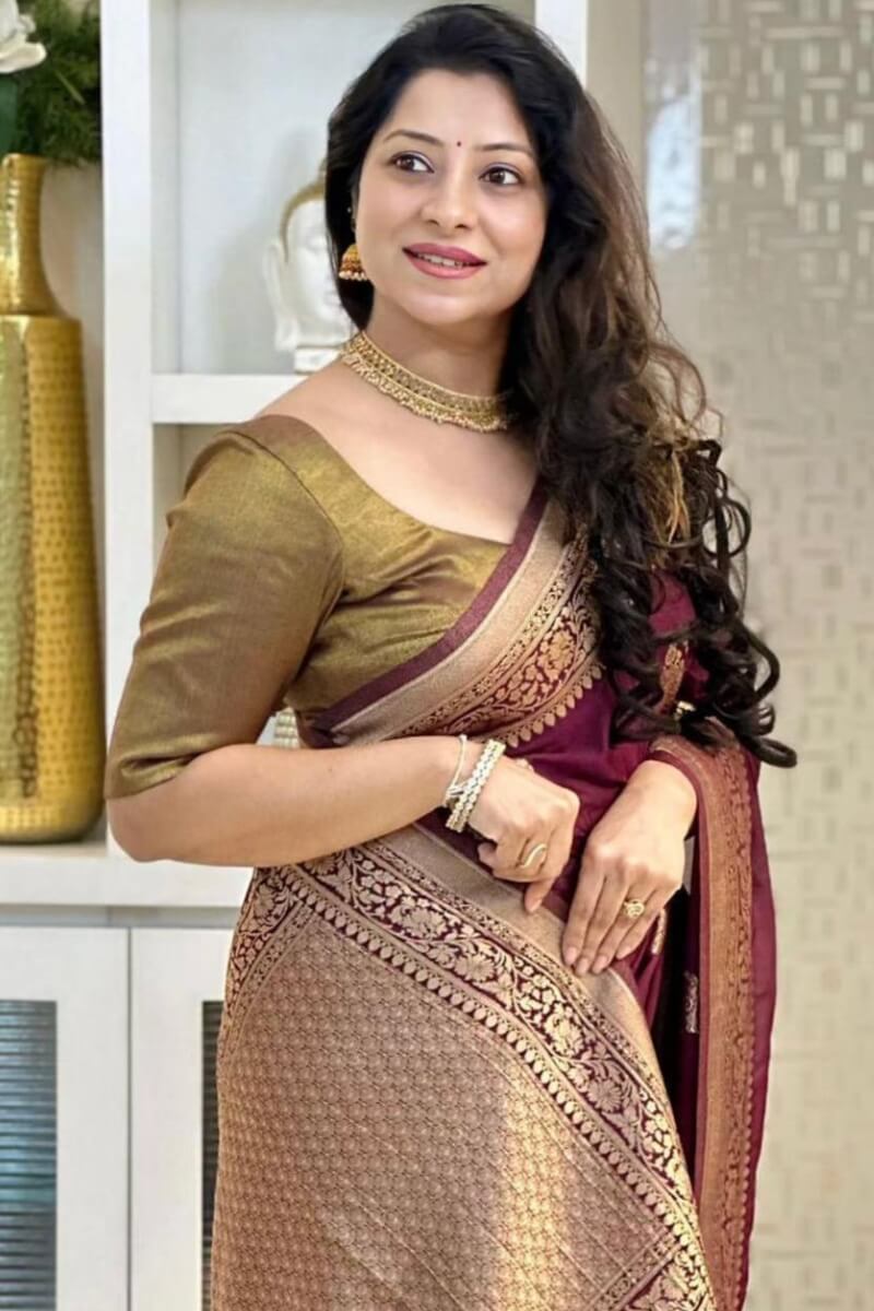 Stunning Wine Soft Silk Saree With Classy Blouse Piece