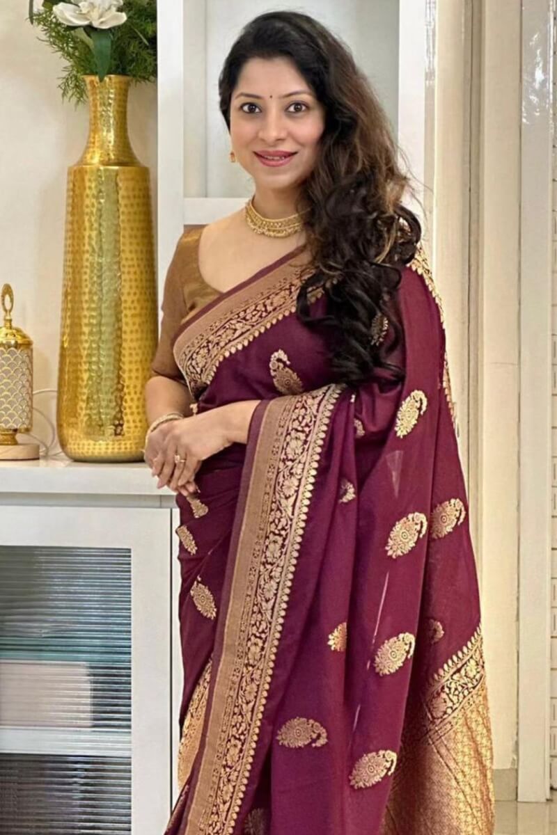 Stunning Wine Soft Silk Saree With Classy Blouse Piece