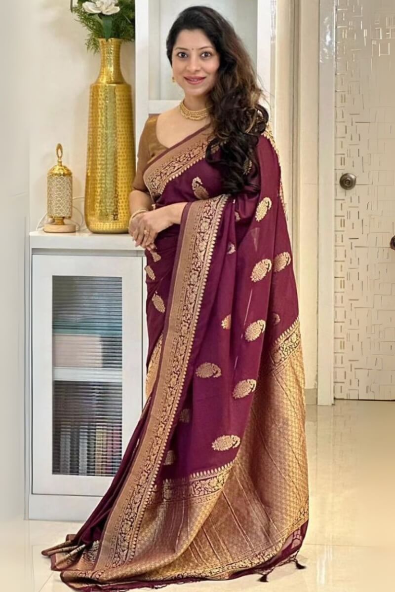 Stunning Wine Soft Silk Saree With Classy Blouse Piece
