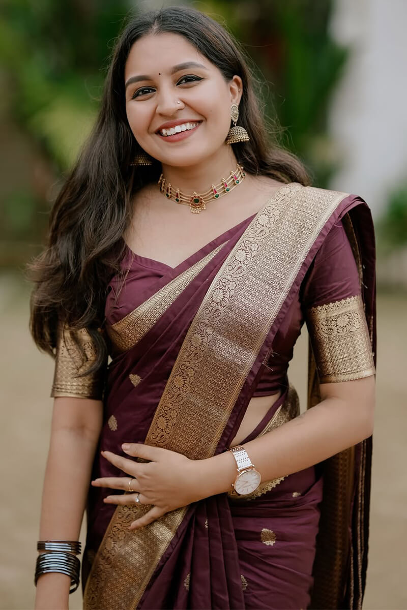 Super classy Wine Soft Silk Saree With Admirable Blouse Piece