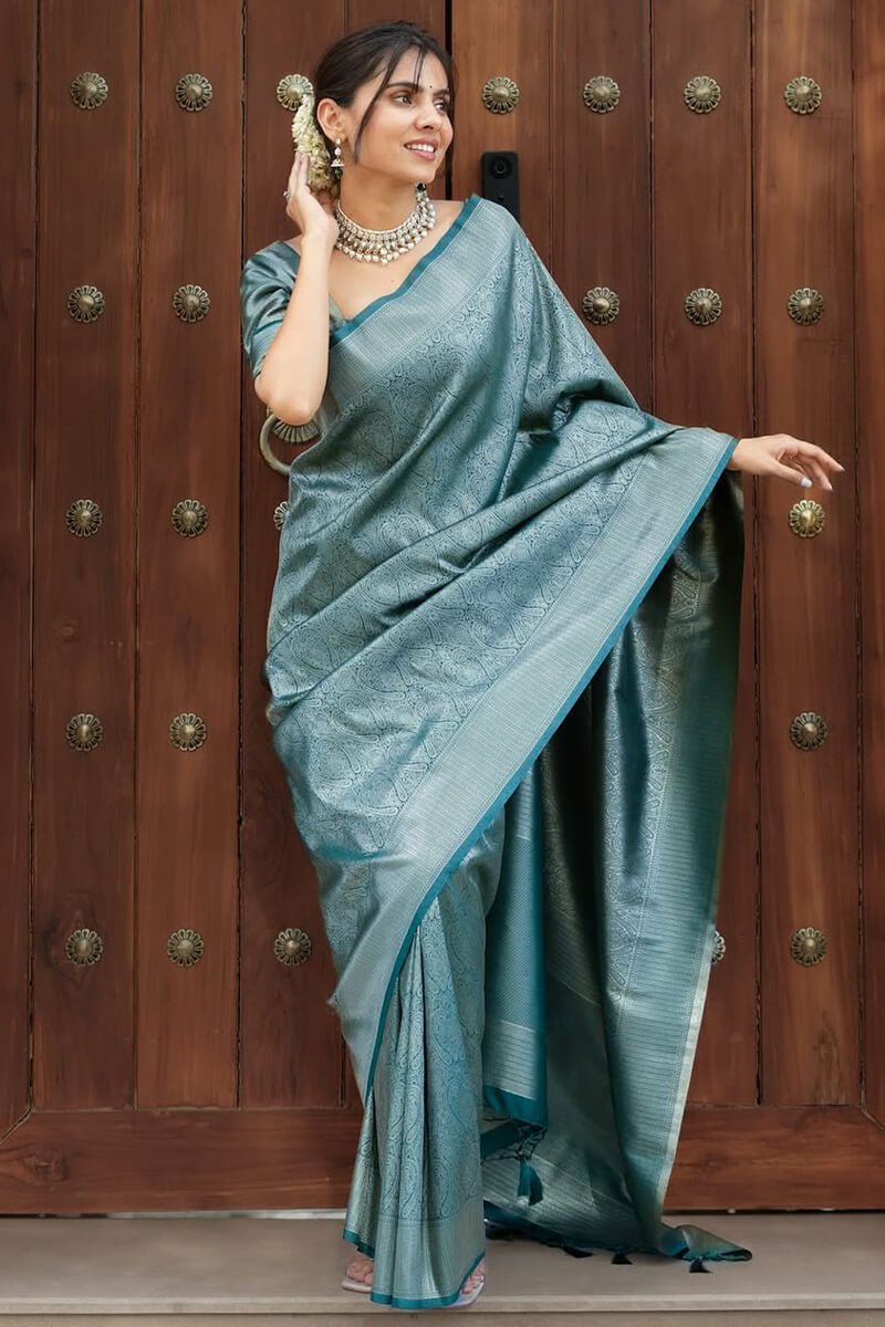 Embellished Rama Soft Silk Saree With Pulsating Blouse Piece