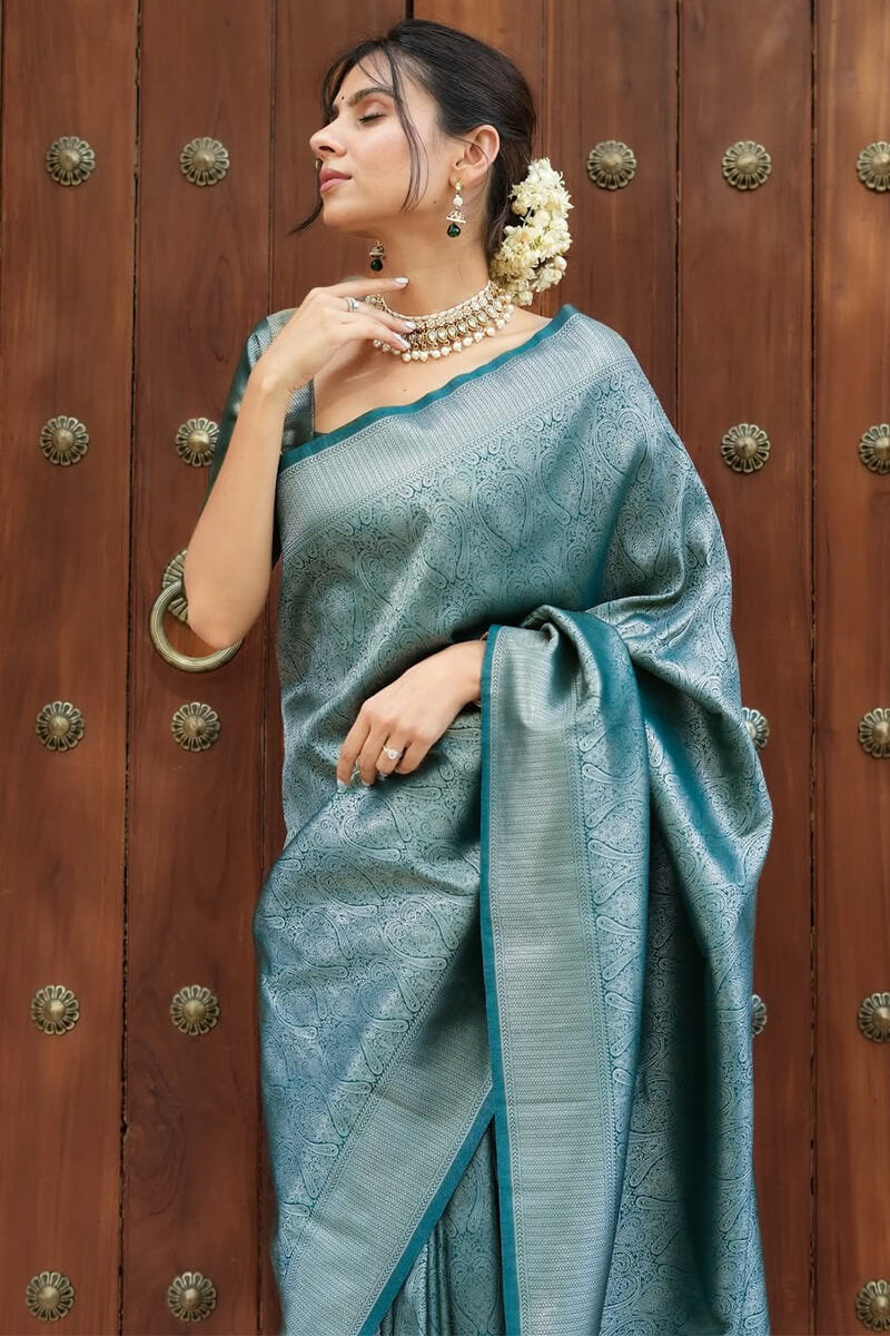 Embellished Rama Soft Silk Saree With Pulsating Blouse Piece