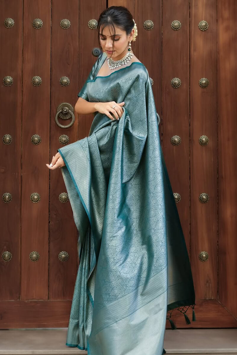 Embellished Rama Soft Silk Saree With Pulsating Blouse Piece