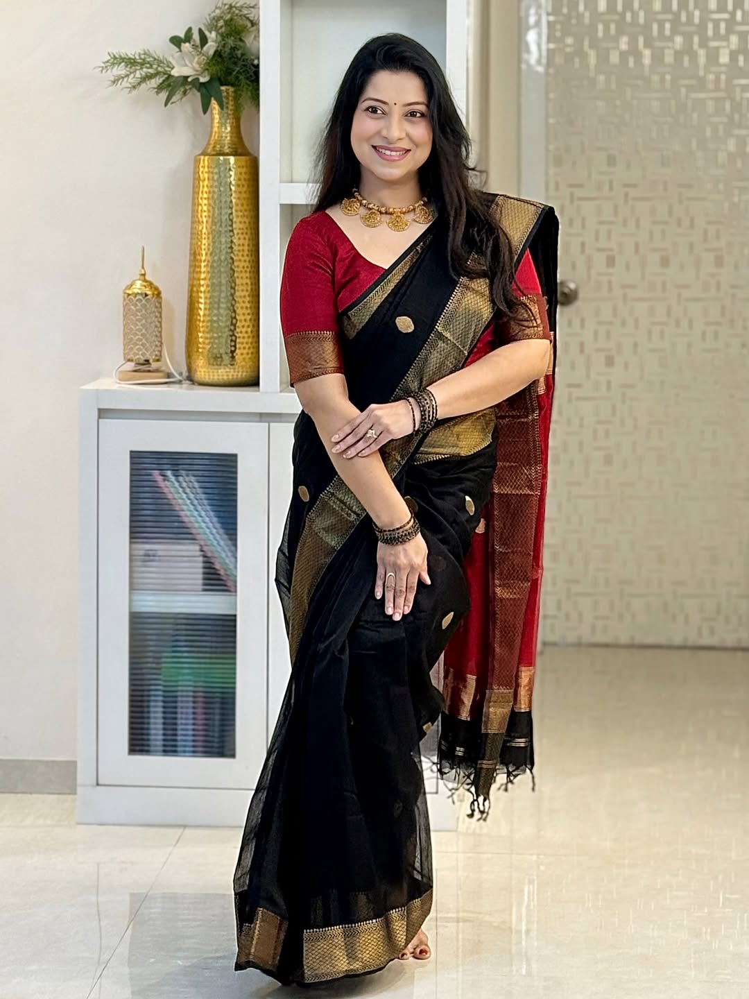 Dalliance Black Cotton Silk Saree With Lassitude Blouse Piece