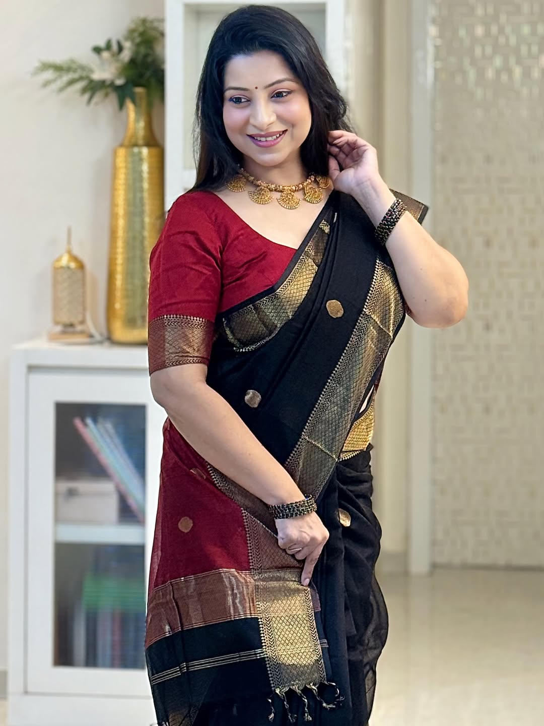 Dalliance Black Cotton Silk Saree With Lassitude Blouse Piece