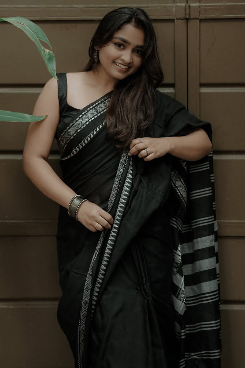 Surreptitious Black Cotton Silk Saree With Flameboyant Blouse Piece