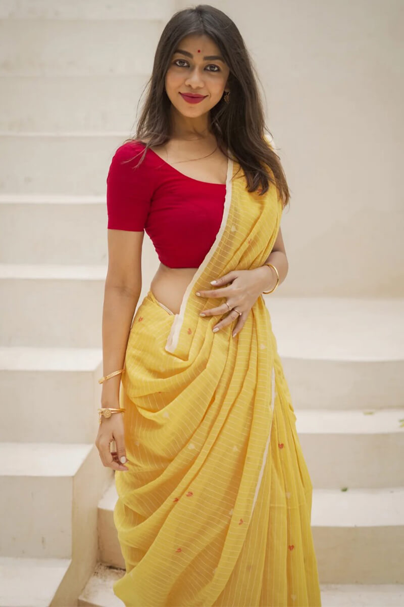 Nemesis Yellow Cotton Silk Saree With Tremendous Blouse Piece