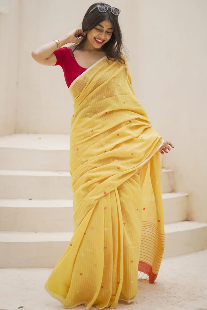 Nemesis Yellow Cotton Silk Saree With Tremendous Blouse Piece