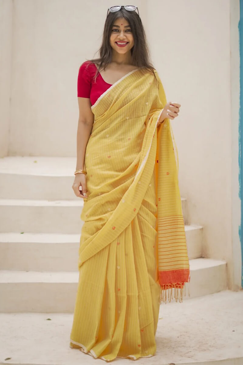 Nemesis Yellow Cotton Silk Saree With Tremendous Blouse Piece