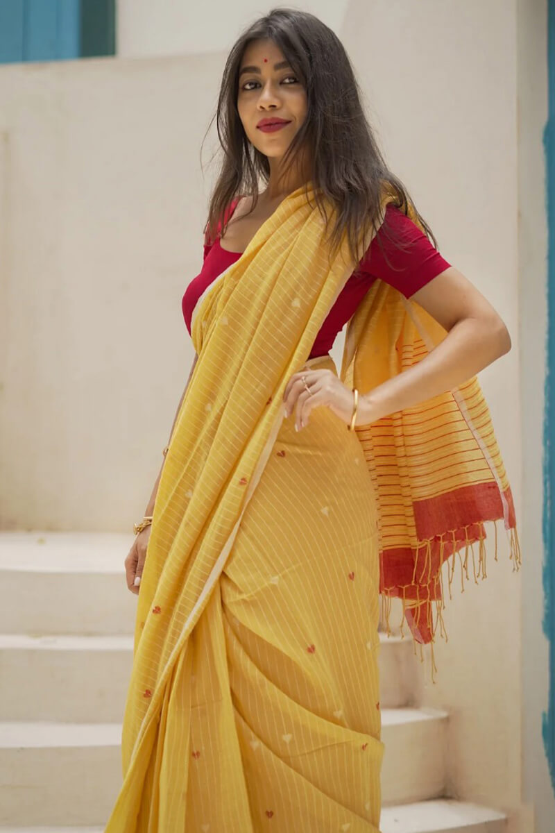 Nemesis Yellow Cotton Silk Saree With Tremendous Blouse Piece