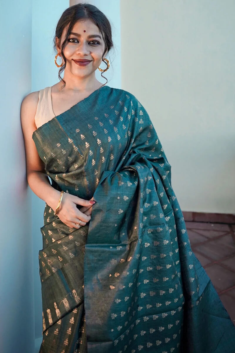 Vestigial Rama Soft Silk Saree With Propinquity Blouse Piece