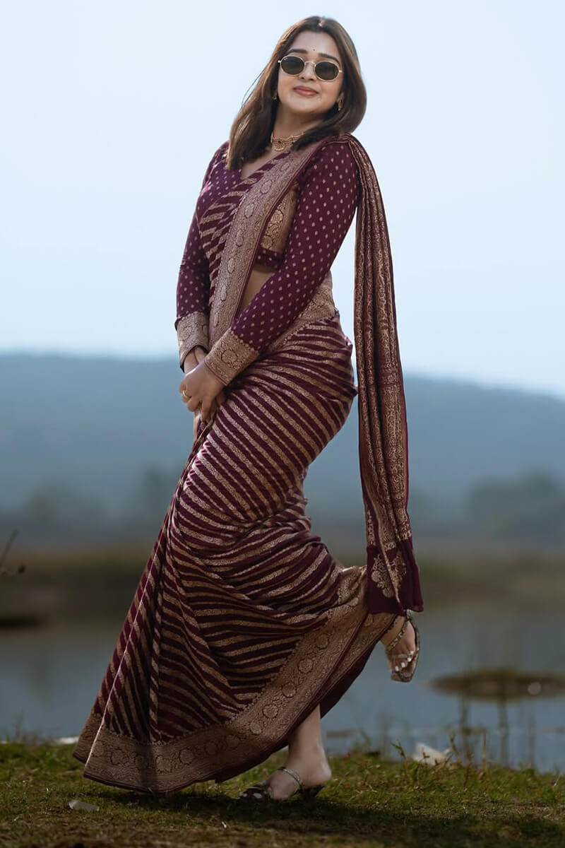 Enchanting Wine Soft Silk Saree With Palimpsest Blouse Piece