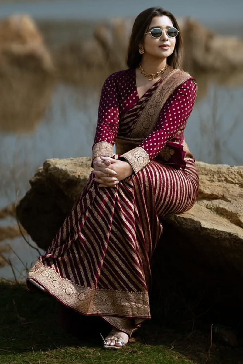 Enchanting Wine Soft Silk Saree With Palimpsest Blouse Piece