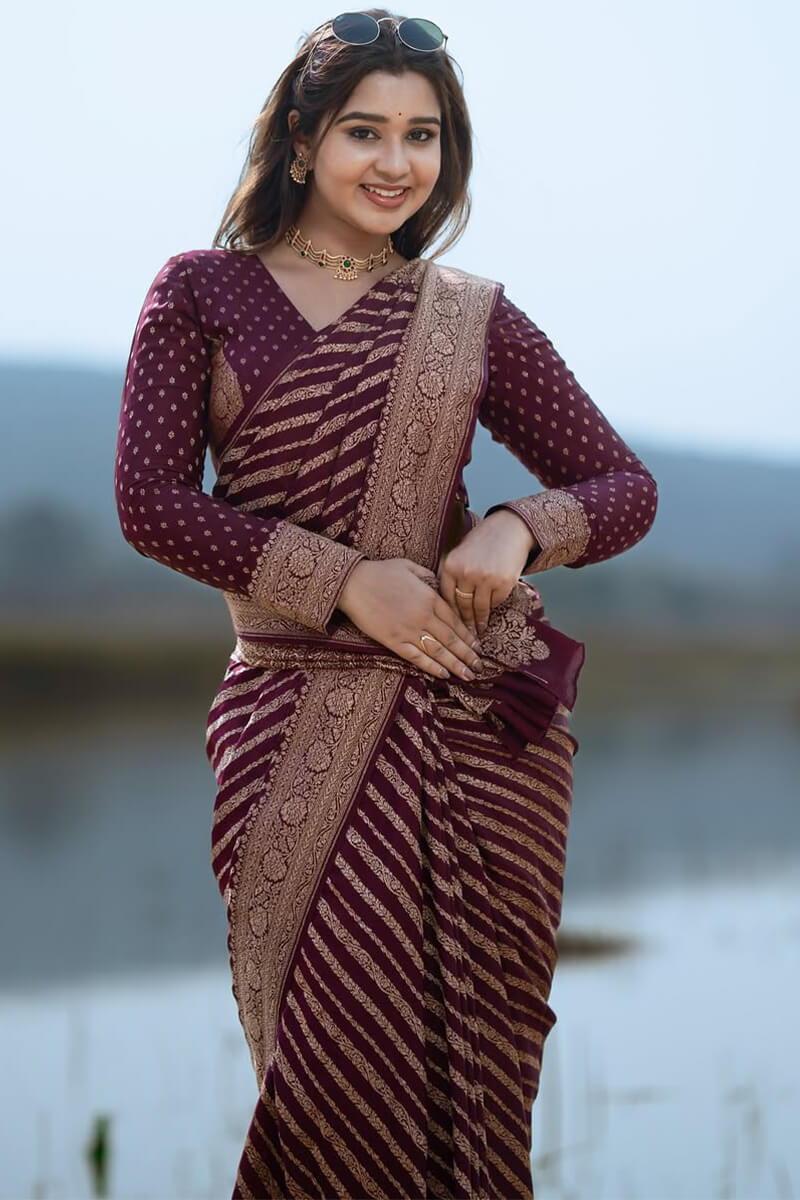 Enchanting Wine Soft Silk Saree With Palimpsest Blouse Piece