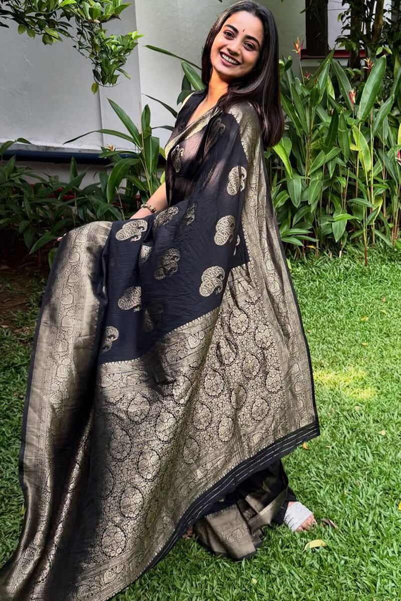 Luxuriant Black Soft Silk Saree With Glowing Blouse Piece