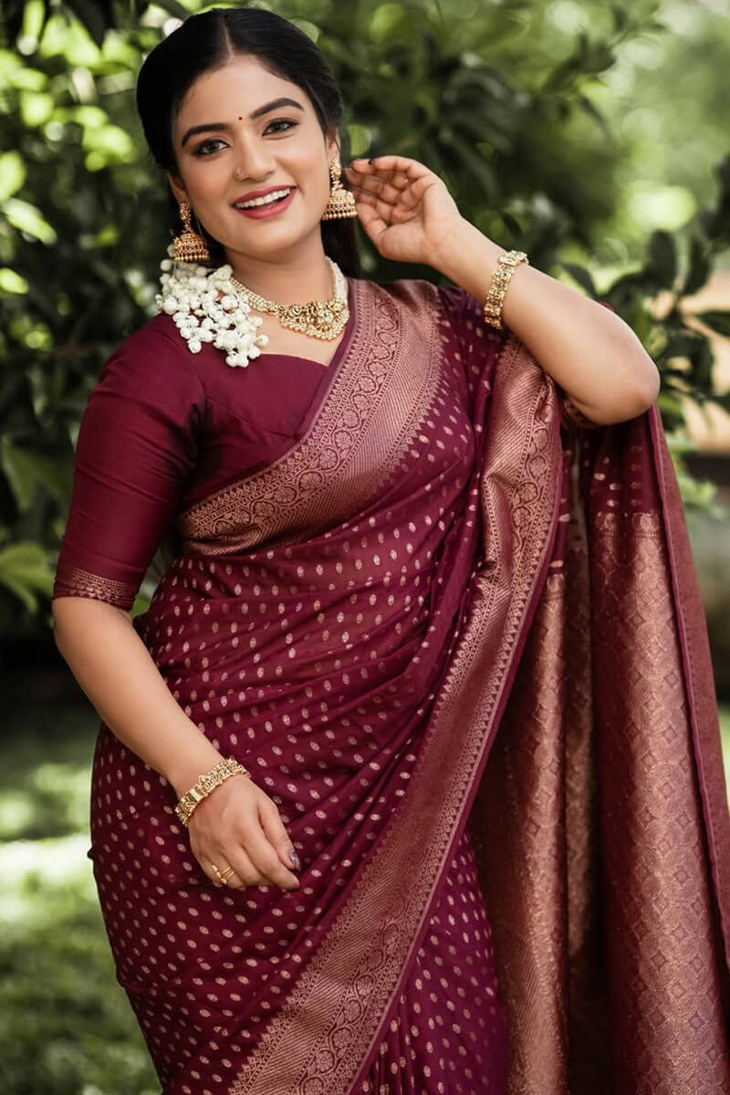 Sensational Wine Soft Silk Saree With Rhapsodic Blouse Piece