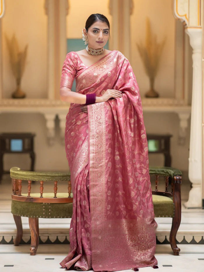 Exemplary Pink Soft Silk Saree With Ravishing Blouse Piece