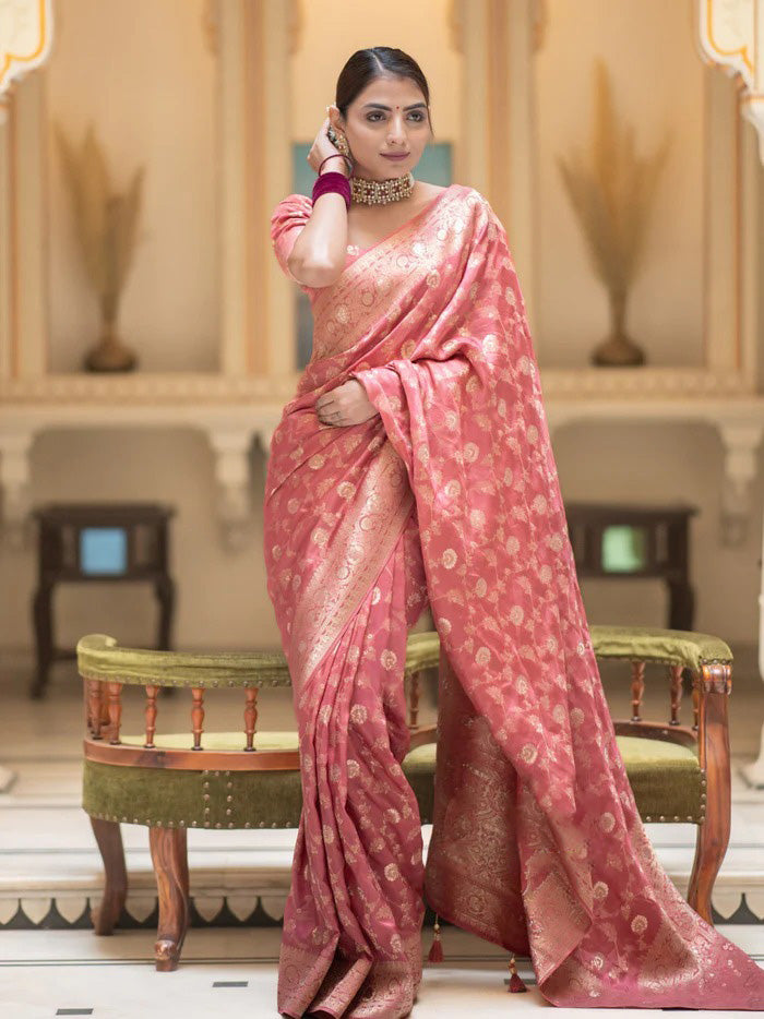 Exemplary Pink Soft Silk Saree With Ravishing Blouse Piece