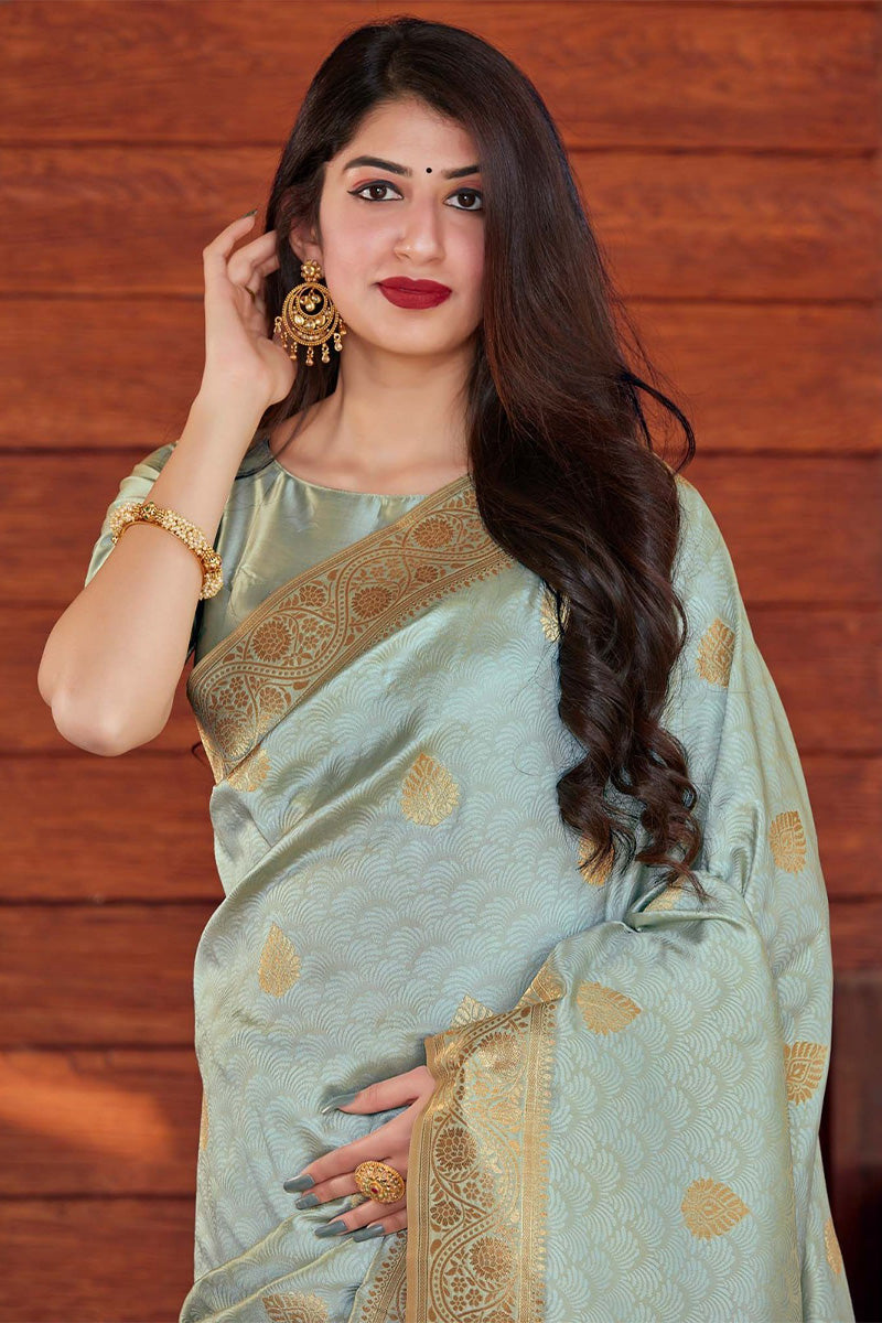 Mellifluous Grey Soft Silk Saree With Glamorous Blouse Piece