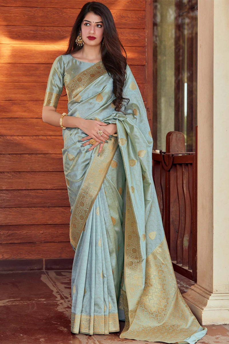 Mellifluous Grey Soft Silk Saree With Glamorous Blouse Piece