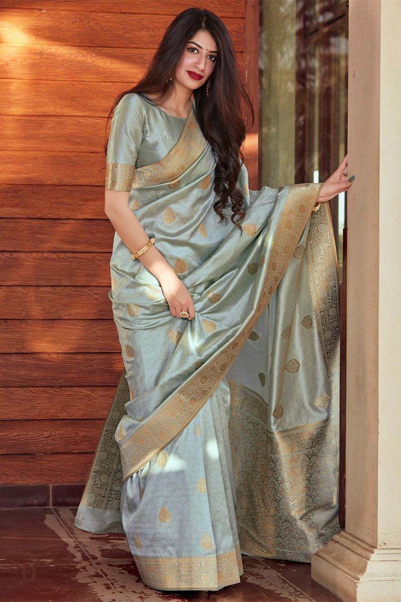 Mellifluous Grey Soft Silk Saree With Glamorous Blouse Piece