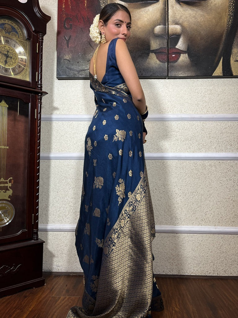 Traditional Navy Blue Soft Silk Saree With Epiphany Blouse Piece