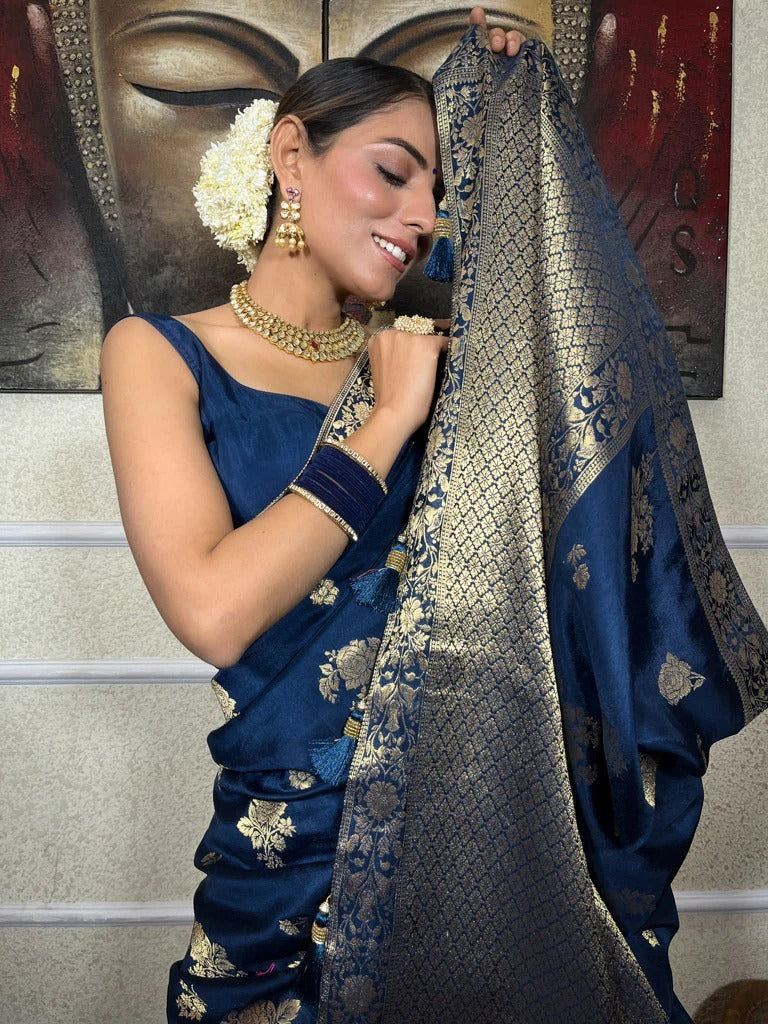 Traditional Navy Blue Soft Silk Saree With Epiphany Blouse Piece