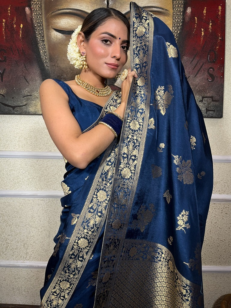 Traditional Navy Blue Soft Silk Saree With Epiphany Blouse Piece