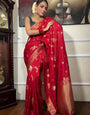 Surreptitious Red Soft Silk Saree With Snappy Blouse Piece