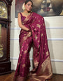 Ornate Wine Soft Silk Saree With Ethereal Blouse Piece