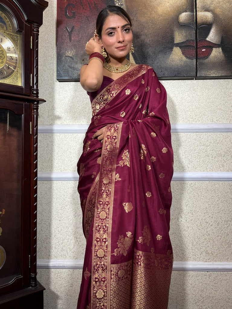 Ornate Wine Soft Silk Saree With Ethereal Blouse Piece