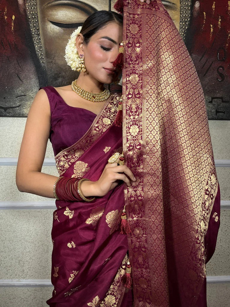 Ornate Wine Soft Silk Saree With Ethereal Blouse Piece