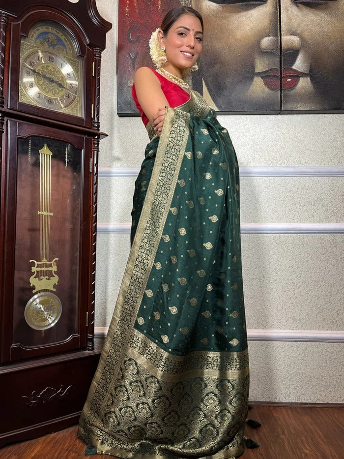 Ratatouille Dark Green Soft Silk Saree With Engaging Blouse Piece