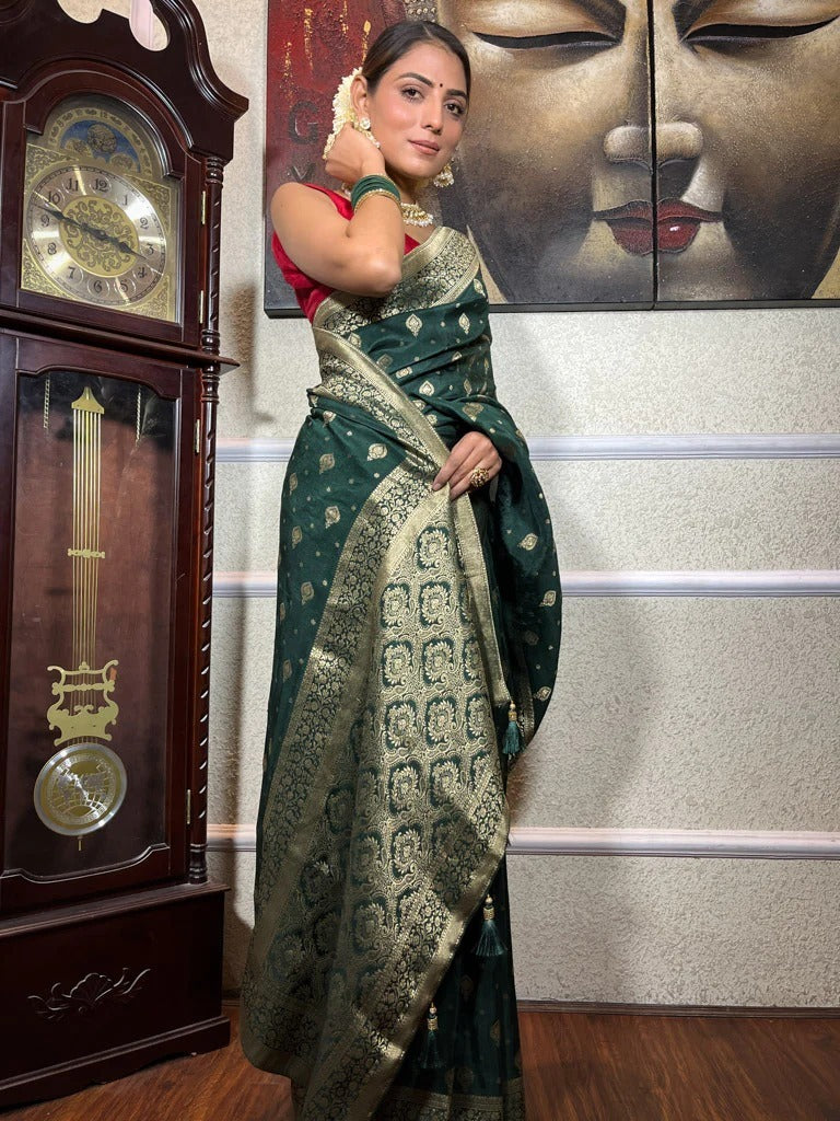 Ratatouille Dark Green Soft Silk Saree With Engaging Blouse Piece