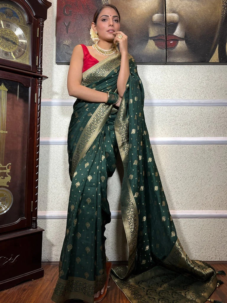 Ratatouille Dark Green Soft Silk Saree With Engaging Blouse Piece