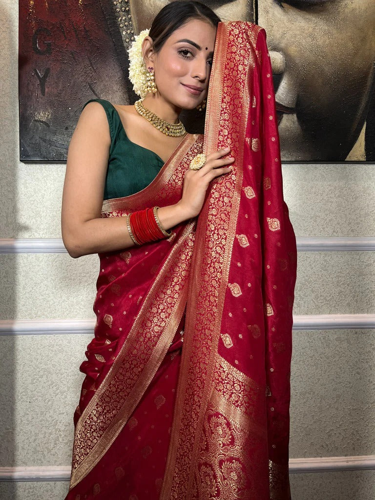 Innovative Red Soft Silk Saree With Twirling Blouse Piece