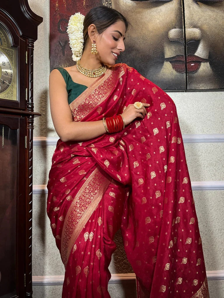 Innovative Red Soft Silk Saree With Twirling Blouse Piece