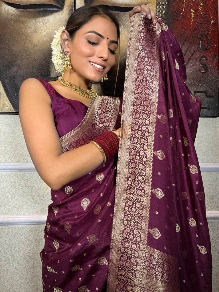 Eloquence Wine Soft Silk Saree With Vestigial Blouse Piece