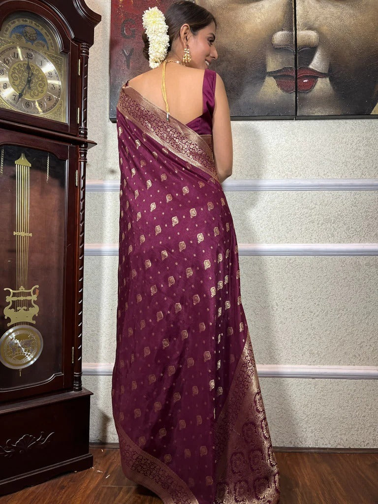 Eloquence Wine Soft Silk Saree With Vestigial Blouse Piece