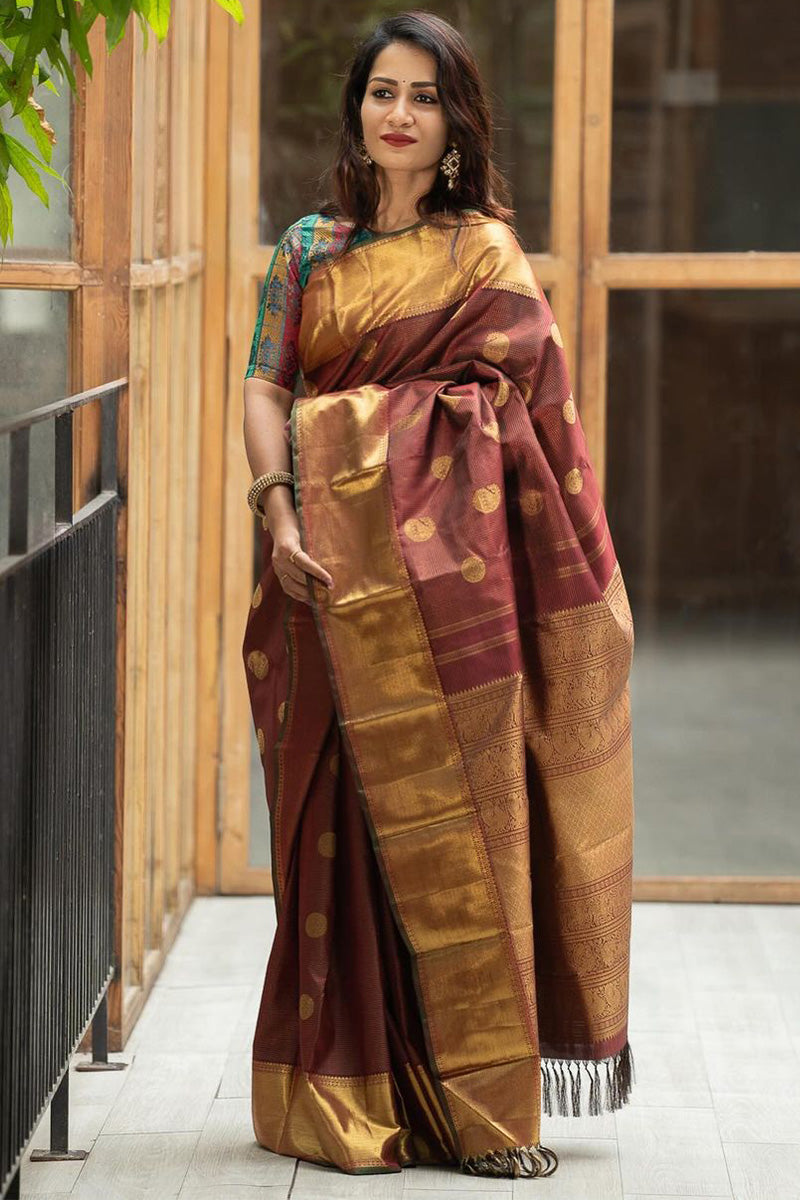 Serendipity Brown Soft Silk Saree With Dissemble Blouse Piece