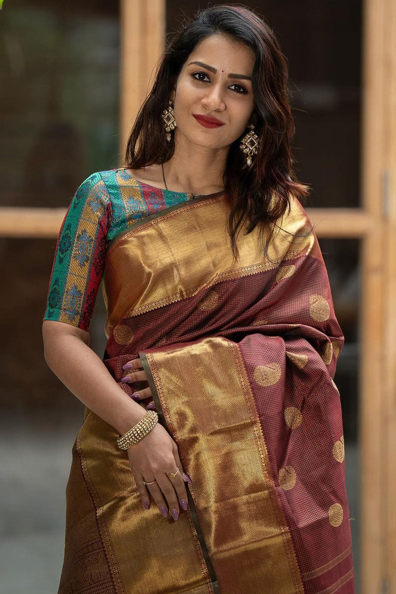 Serendipity Brown Soft Silk Saree With Dissemble Blouse Piece