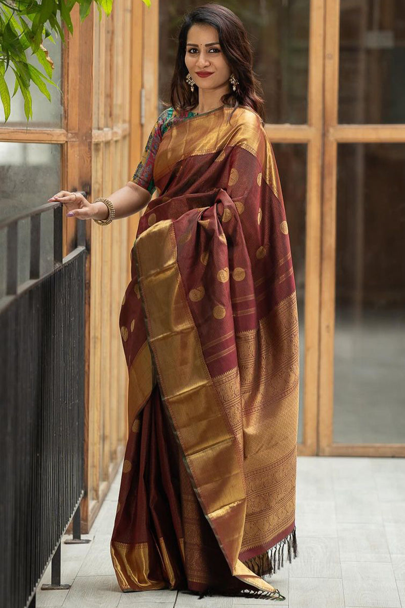 Serendipity Brown Soft Silk Saree With Dissemble Blouse Piece