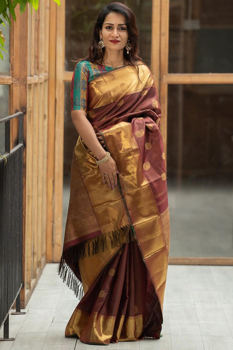 Serendipity Brown Soft Silk Saree With Dissemble Blouse Piece