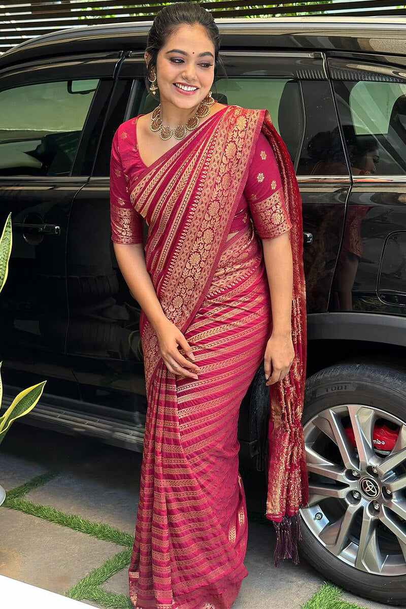 Artistic Dark Pink Soft Silk Saree With Gossamer Blouse Piece