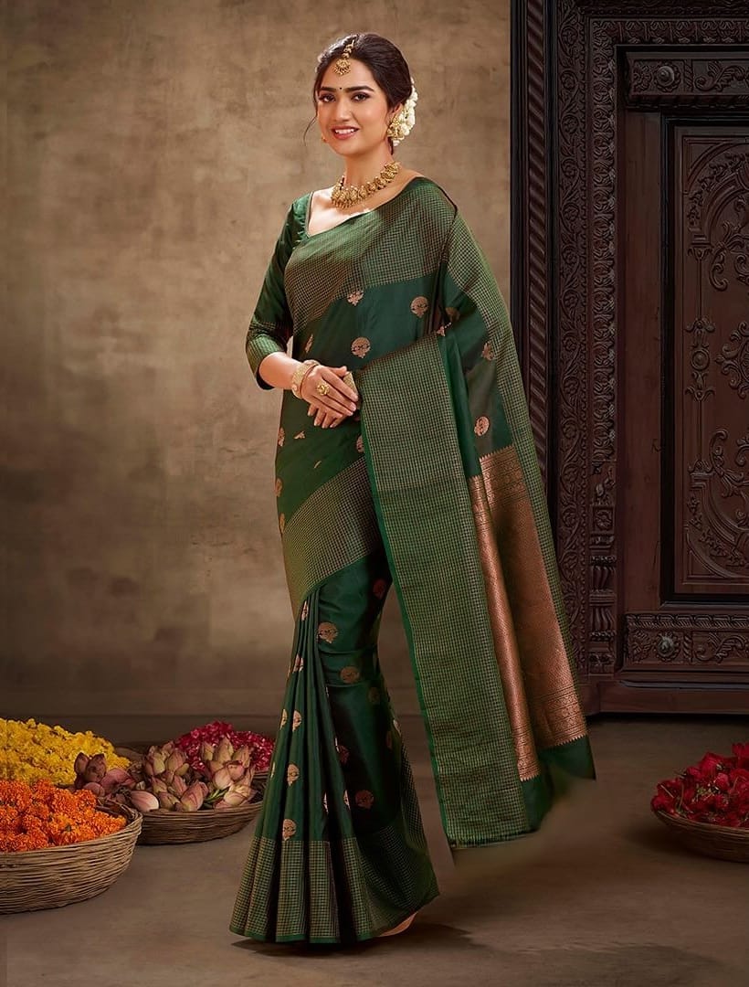 Tempting Dark Green Soft Silk Saree With Lissome Blouse Piece